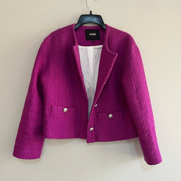 Maje Tweed Lady Cropped Collarless Cotton-Blend Jacket, Rose Fuchsia, 42 - Picture 2 of 15